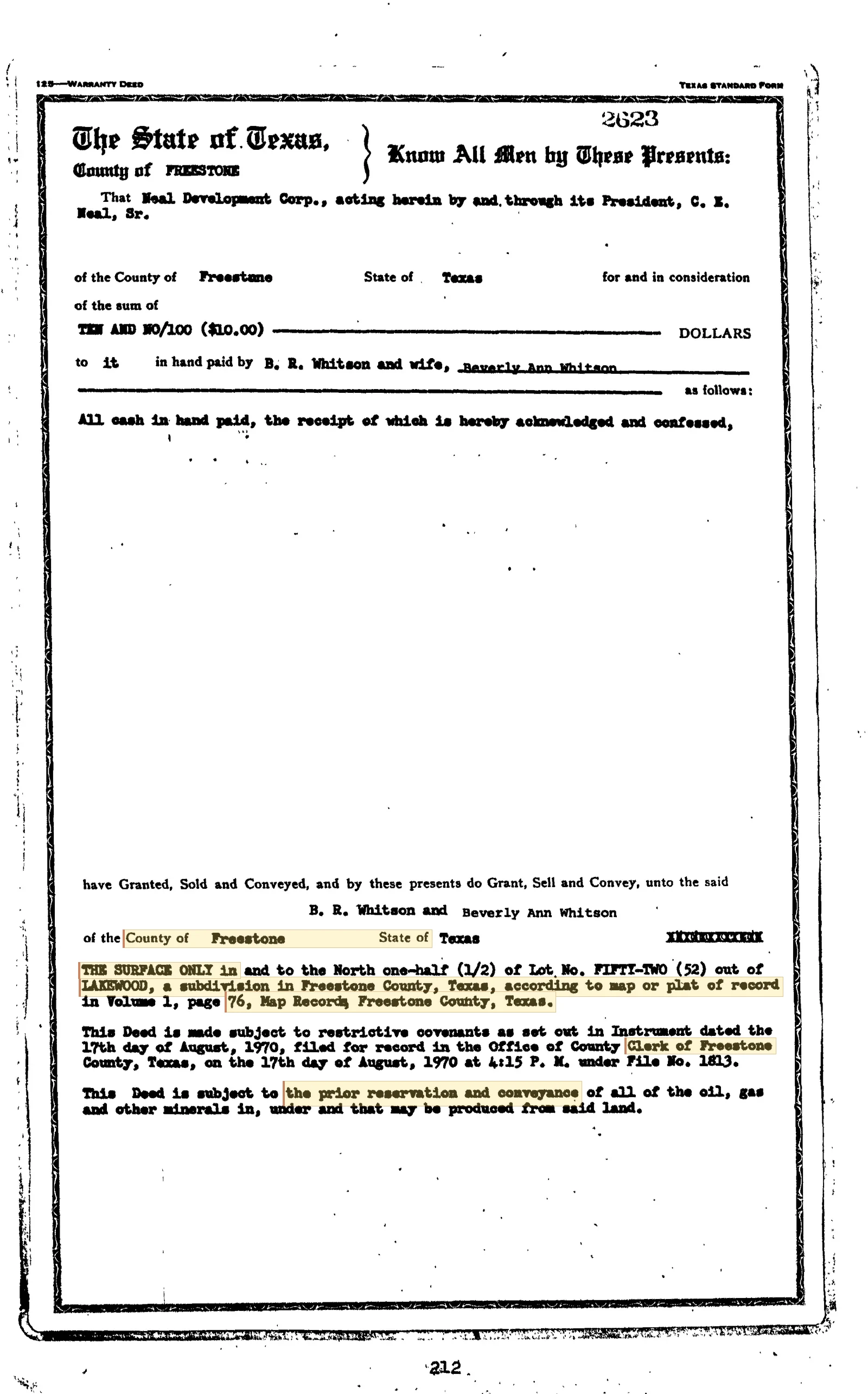Neal Development Corp. / Neal & Co. Warranty Deed (Freestone County Vol. 401, Page 212)
